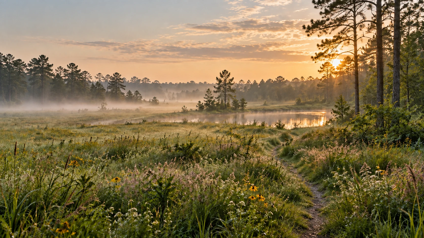 AI concept sunrise over a calm managed Southern meadow