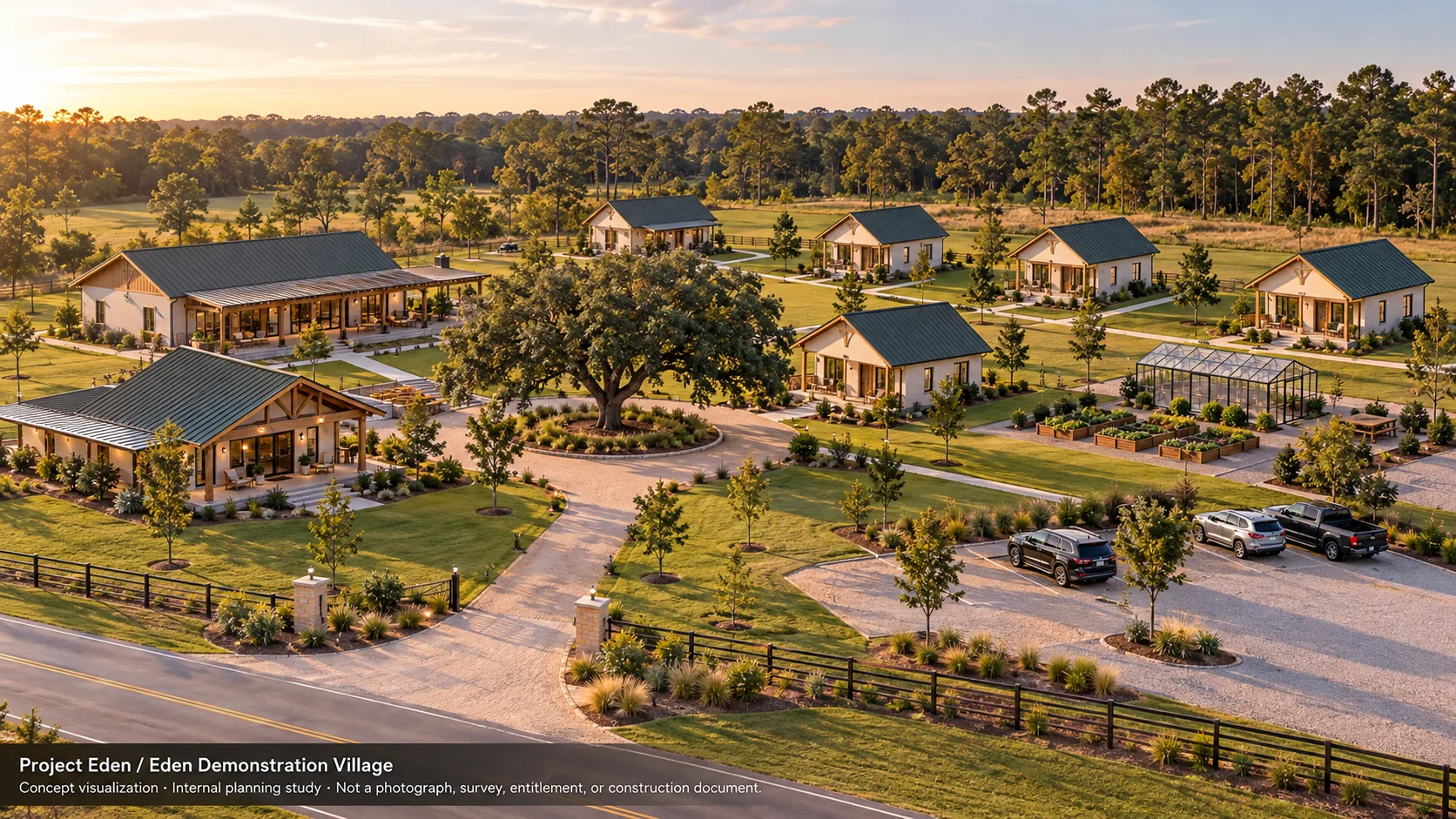 AI developed-state concept of the proposed village, not an existing site